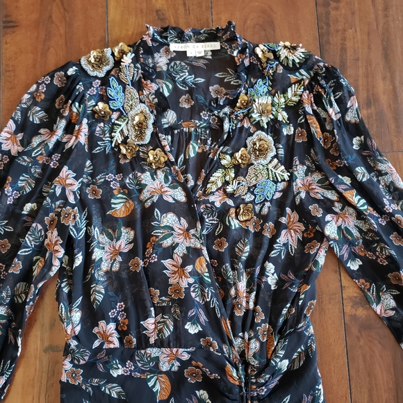 Veronica Beard Shaia Embellished Ruched Ruffle Sleeve Dress in Black Multi Sz 6 - Picture 7 of 13